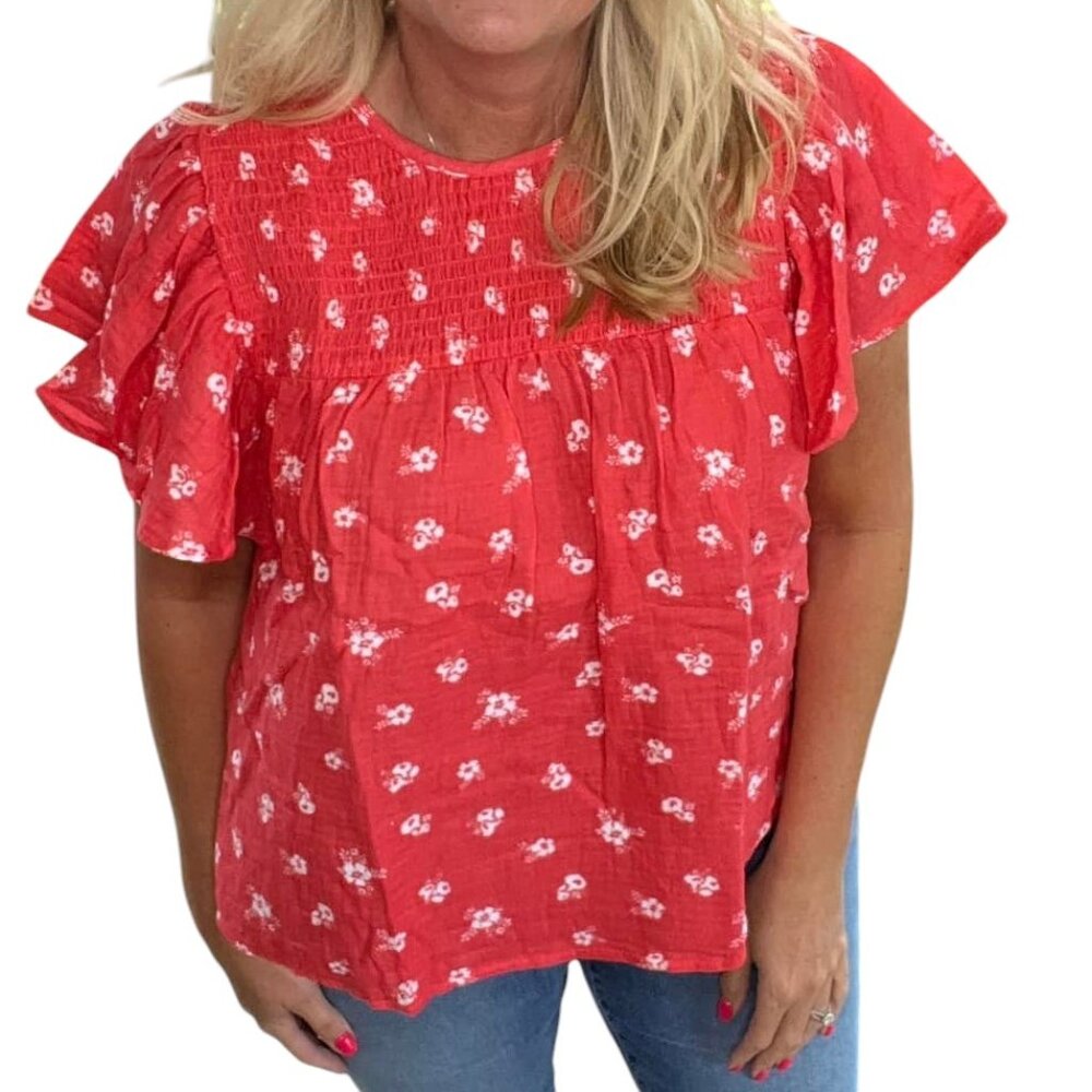NEW MED LuLaRoe Maddy Flutter Sleeve Smock Top Pink Shirt Short Comfy Floral